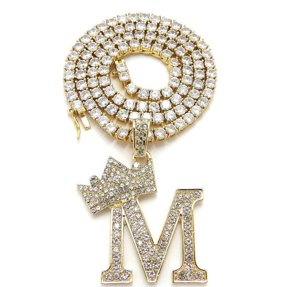 Initial Letter "M" Pendant Tennis Chain Necklace - Picture 4 of 10